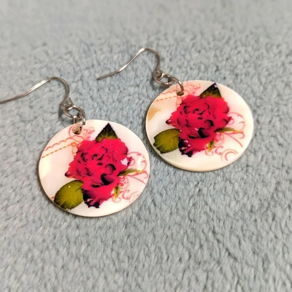 Vintage Mother of Pearl Disc Pierced  Earrings w/ Red Rose Motif - Picture 6 of 8